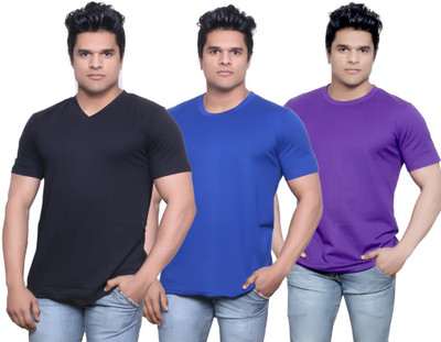 

IndiWeaves Solid Men's V-neck Black, Blue, Purple T-Shirt(Pack of 3