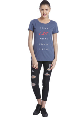 

Only Printed Women's Round Neck Blue T-Shirt, Vintage indigo