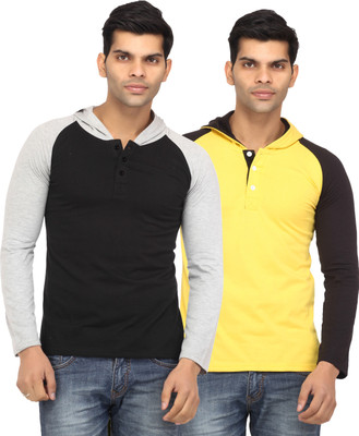

Leana Solid Men's Hooded Multicolor T-Shirt(Pack of 2, Black;yellow