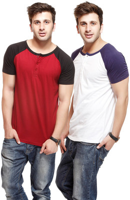 

Gritstones Solid Men's Henley Maroon, White T-Shirt(Pack of 2