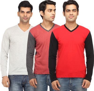 Leana Solid Men' V-neck Red, Red, Grey T-Shirt(Pack of 3, Grey;red