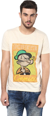 Henry and Smith Printed Men's Round Neck White T-Shirt, Oatmeal melange