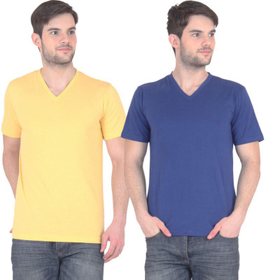 

E'Hiose Solid Men's V-neck Multicolor T-Shirt(Pack of 2, Blue;yellow