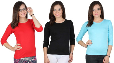 

SayItLoud Solid Women's Round Neck Multicolor T-Shirt(Pack of 3), Red;black;light blue