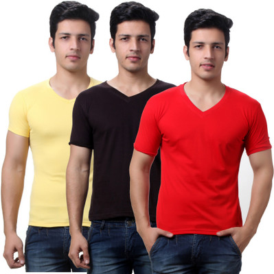 

TeeMoods Solid Men's V-neck Brown, Red, Yellow T-Shirt(Pack of 3)