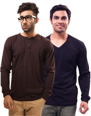 

Unisopent Designs Solid Men' Henley Brown, Dark Blue T-Shirt(Pack of 2