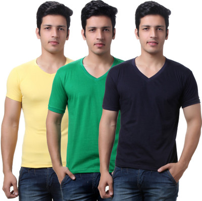 

TeeMoods Solid Men's V-neck Yellow, Green, Dark Blue T-Shirt(Pack of 3), Green;navy;yellow