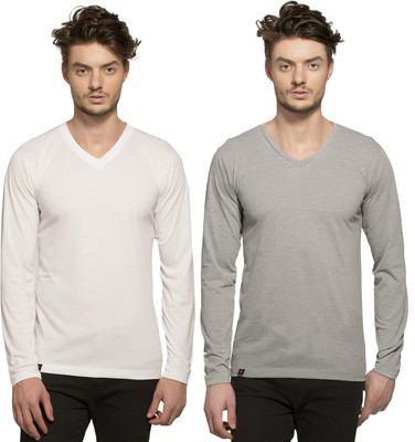 

Alan Jones Solid Men's V-neck Silver T-Shirt(Pack of 2, White and milanch