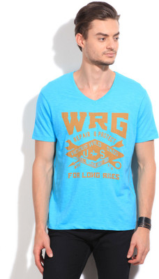 

Wrangler Printed Men's Round Neck Blue T-Shirt, Sky blue