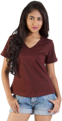 

Vea Kupia Solid Women's V-neck Brown T-Shirt