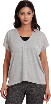 

ATIVO Solid Women's V-neck Grey T-Shirt, Grey melange
