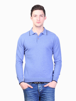 

Kalt Solid Men Polo Neck Blue T-Shirt, Blue melange