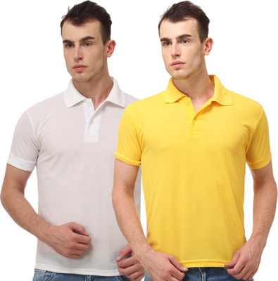 

Lime Solid Men' Polo Neck White, Yellow T-Shirt(Pack of 2