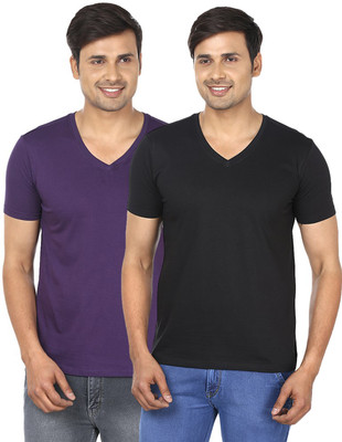 

FM Fashionmania Solid Men's V-neck Purple, Black T-Shirt(Pack of 2