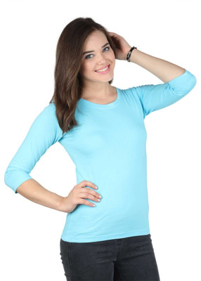 SayItLoud Solid Women' Round Neck Light Blue T-Shirt