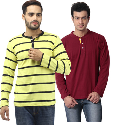 Leana Striped Men's Henley Multicolor T-Shirt(Pack of 2