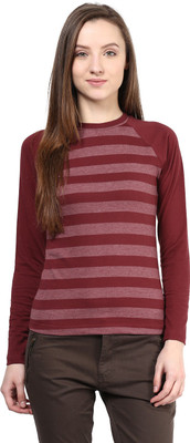 

Hypernation Striped Women' Round Neck Maroon T-Shirt