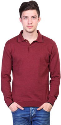 Kalt Solid Men Polo Neck Maroon T-Shirt, Wine melange
