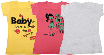 

IndiWeaves Girls Printed, Solid T Shirt(Multicolor, Yellow & pink & white