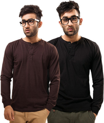 

Unisopent Designs Solid Men's Henley Brown, Black T-Shirt(Pack of 2