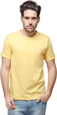

Campus Sutra Solid Men Henley Yellow T-Shirt