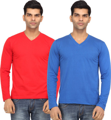 

Leana Solid Men's V-neck Red, Blue T-Shirt(Pack of 2, Blue;red
