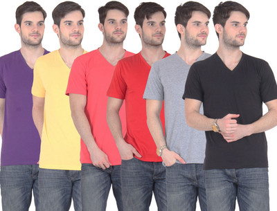 

E'Hiose Solid Men' V-neck Multicolor T-Shirt(Pack of 6, Black;carrot;grey;purple;red;yellow