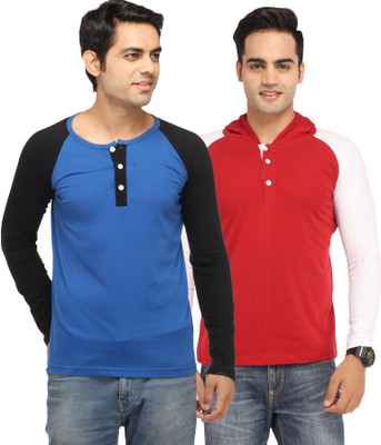 

Leana Solid Men's Henley Multicolor T-Shirt(Pack of 2, Blue-red