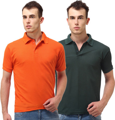 

Lime Solid Men's Polo Neck Orange, Dark Green T-Shirt(Pack of 2)
