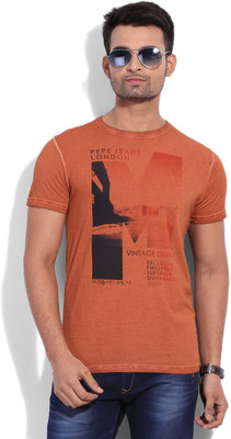 

Pepe Jeans Printed Men's Round Neck Brown T-Shirt, Rust