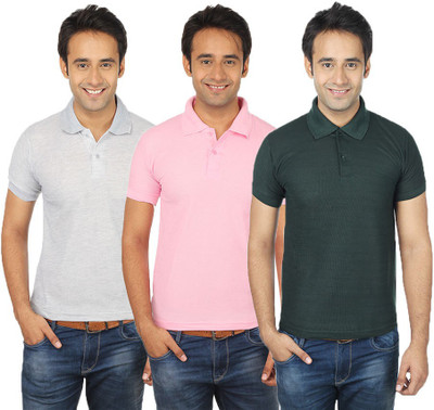 

Quetzal Solid Men's Polo Neck Multicolor T-Shirt(Pack of 3, Green;grey;pink
