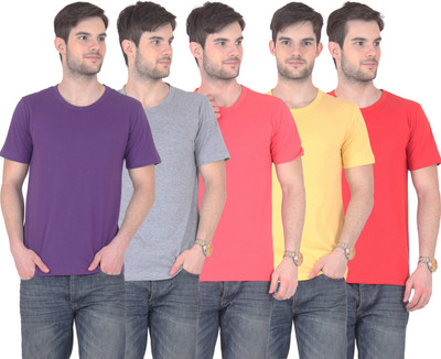 

FnMe Solid Men's Round Neck Multicolor T-Shirt(Pack of 5, Gajri;grey;purple;red;yellow