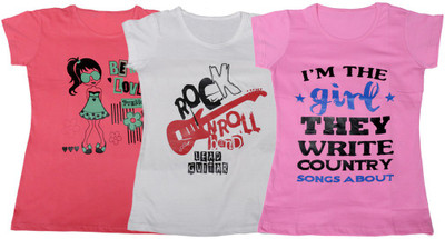 

IndiWeaves Girls Printed T Shirt(Multicolor, Pink & white & pink