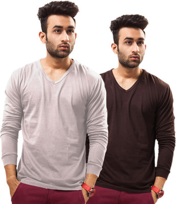 

Unisopent Designs Solid Men' V-neck Grey, Brown T-Shirt(Pack of 2
