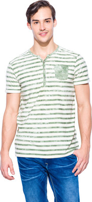 

Mufti Striped Men's Henley Green, White T-Shirt, Olive
