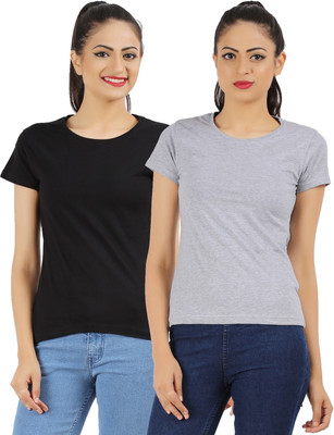 

Ap'pulse Solid Women's Round Neck Black, Grey T-Shirt(Pack of 2)