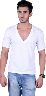 

Vivid Bharti Solid Men' V-neck White T-Shirt