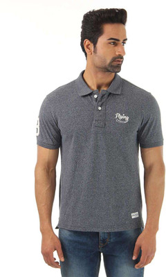 Flying Machine Solid Men's Polo Neck Grey T-Shirt, Navy