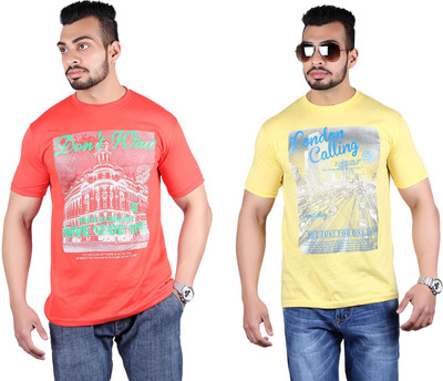

Shineway Printed Men' Round Neck Multicolor T-Shirt(Pack of 2, Lightred;lightyellow