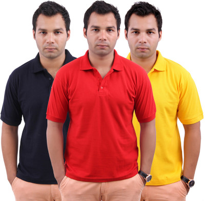 Stylenfly Solid Men Polo Neck Dark Blue, Red, Yellow T-Shirt(Pack of 3)