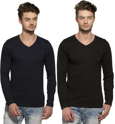 

Alan Jones Solid Men's V-neck Brown T-Shirt(Pack of 2, Navy and black