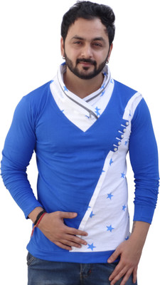 

Black Collection Self Design Men's Flap Collar Neck Blue T-Shirt