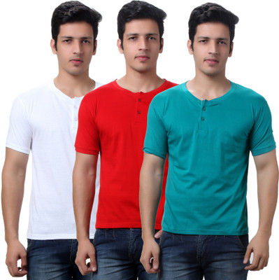 

TeeMoods Solid Men's Henley Red, Green, White T-Shirt(Pack of 3), Red;sea green;white