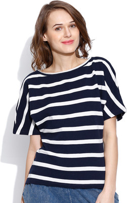 

Vaak Striped Women' Boat Neck Blue T-Shirt