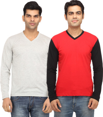 

Leana Solid Men's V-neck Red, Grey T-Shirt(Pack of 2