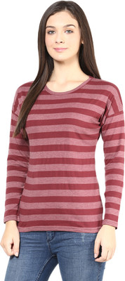 

Hypernation Striped Women's Round Neck Maroon T-Shirt