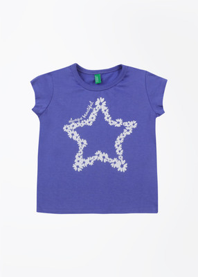 

United Colors of Benetton Girls Printed Cotton T Shirt(Blue, Pack of 1, 03h