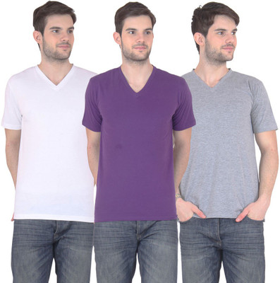 

FnMe Solid Men' V-neck Multicolor T-Shirt(Pack of 3, Grey;purple;white
