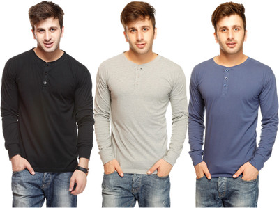 

Gritstones Solid Men' Henley Multicolor T-Shirt(Pack of 3, Black;grey melange;new blue