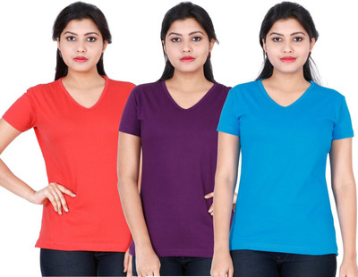 Fleximaa Solid Women V Neck Multicolor T-Shirt